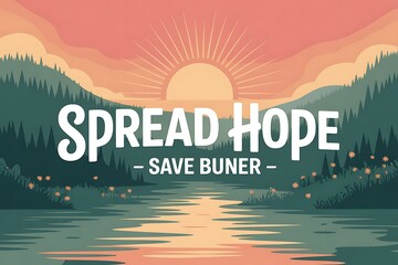 Inspiring landscape with sunburst and motivational message 'Spread Hope Save Buner' evoking optimism and environmental care