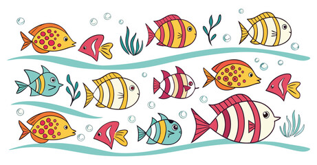 Naklejka premium A Lively Underwater Scene with Diverse Cartoon Fish and Seaweed on a White Background illustration