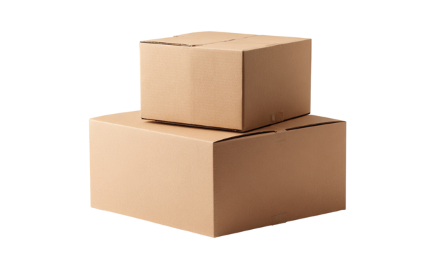 Two light beige cardboard boxes stacked vertically.  One box is slightly larger than the other.  Simple, plain design