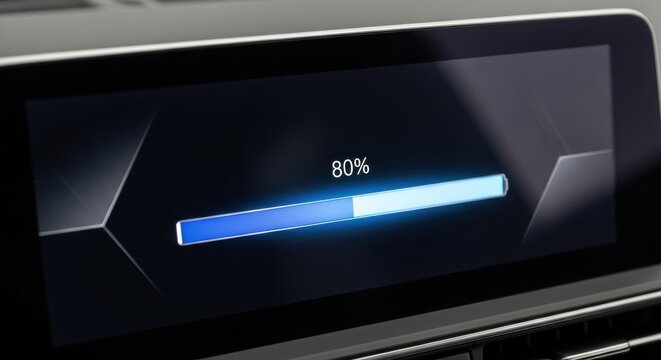 Electric Vehicle Battery Level Indicator 80% Charge Display on Modern Car Dashboard - Powered by Adobe