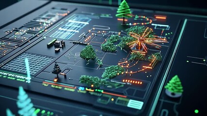 Futuristic digital map interface with glowing elements