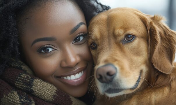 Happy African American woman cuddling a Golden Retriever in the workplace. Smiling black female businesswoman holding her office dog, fostering positive company culture, Generative AI - Powered by Adobe