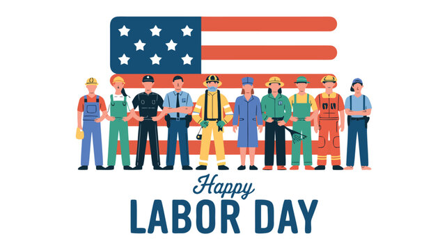 Labor Day Celebration Diverse Workers Standing United Before the American Flag, Happy Labor Day!