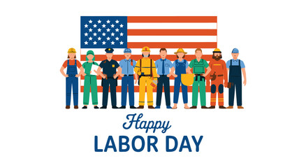 Labor Day Illustration Workers Standing in Front of American Flag Celebrating Labor Day