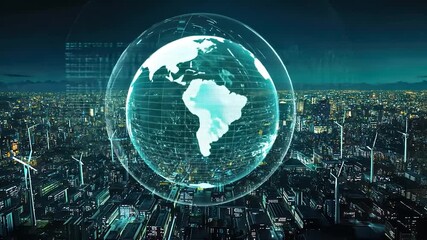 Holographic Earth over a city at night - Powered by Adobe