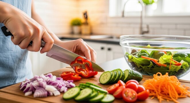 Close-up of a woman's hands expertly slicing a fresh red bell pepper on a wooden cutting board for a healthy, vibrant salad in a modern kitchen.