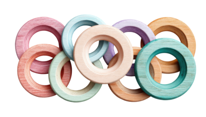 Interlocking pastel-hued wooden rings