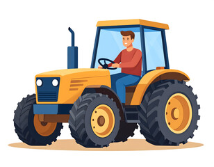 Obraz premium Happy farmer driving a yellow tractor across a field.