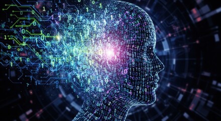 Futuristic visualization of artificial intelligence, showcasing a digital human head constructed from flowing binary code and data streams.