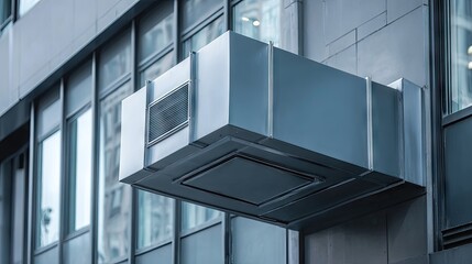 Fototapeta premium Modern Architectural Element of HVAC Unit Attached to Building Facade in Urban Environment