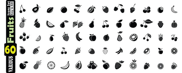 Extensive Collection of Black and White Fruit Icons in a Grid Layout graphic