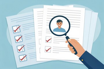 Fototapeta premium Magnifying glass examining resume with checklist and candidate profile