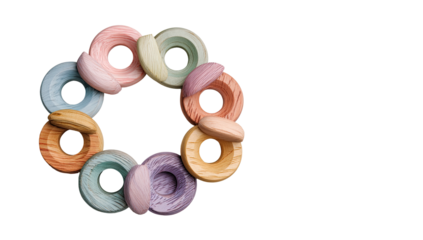 Circular, pastel-colored wooden toy.  Interlocking rings, textured