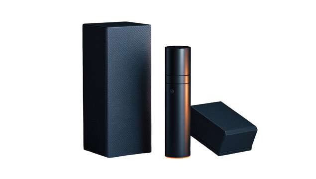 Dark, matte black product packaging and a cylindrical product with warm highlights.  Two rectangular boxes flank a slender, vertically oriented cylinder.  All have a smooth, matte finish