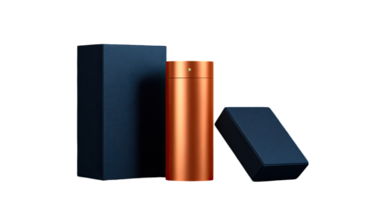 Copper bottle in dark navy boxes