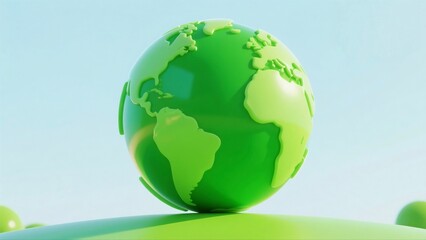 Obraz premium Vibrant 3D Rendering of a Glossy Green Earth Model Against a Soft Blue Sky Backdrop
