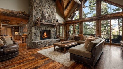 Fototapeta premium Cozy rustic living room with stone fireplace, wooden beams and large windows showcasing nature views