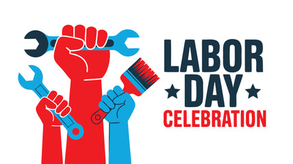 Labor Day Celebration Red and Blue Hands Holding Wrenches and Paint Brush Design