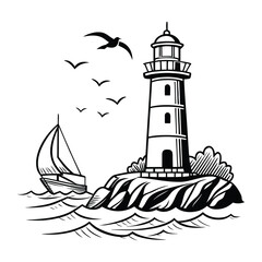 Lighthouse on Rocky Island with Sailboat and Seagulls in Black and White cliff