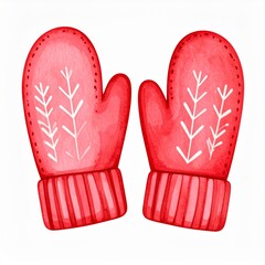 Pair of Red Watercolor Mittens with White Snowflake Pattern on White Background