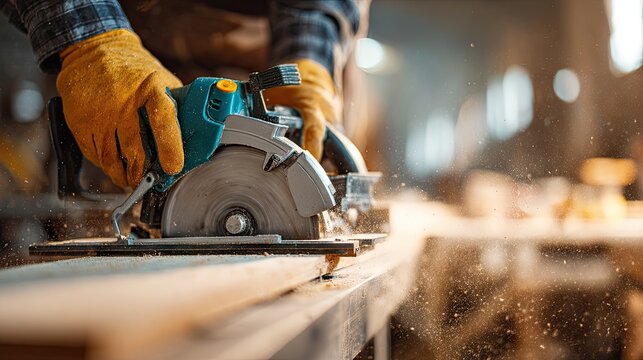 Skilled Carpenter Using Circular Saw to Cut Wood in Workshop with Dust Flying in Background for Professional Craftsmanship