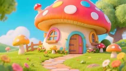 Charming Mushroom House in a Vibrant Fantasy Garden