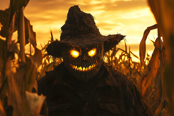 Creepy scarecrow in corn maze at Halloween haunted house event, spooky horror attraction with jump scare actor, autumn festival fright night background illustration.