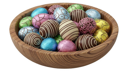 Bowl of assorted chocolate easter eggs isolated on transparent background