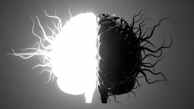 Brain halves glow, symbolizing intellect, creativity, depression. Represents mental health, psychology, neuroscience, artificial intelligence, innovation, and bipolar disorder concepts.