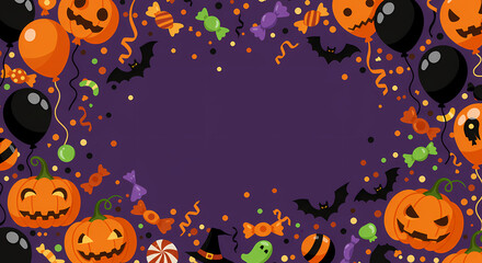 Fototapeta premium Halloween Party Invitation Spooky Pumpkins, Bats & Candy