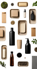 Assorted sustainable packaging and products.  Eco-friendly containers, bottles, and bars arranged in a grid pattern.  Natural tones.  Various shapes and sizes