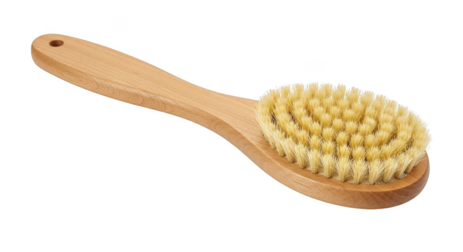 Wooden bath brush with natural bristles isolated on transparent background