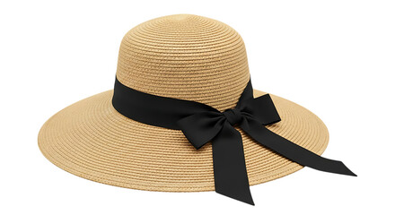 Straw sun hat with black ribbon accent isolated on transparent background