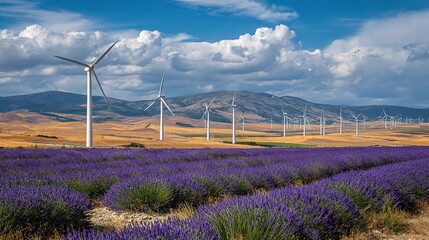 Green environmental protection theme, small power station composed of wind turbines and vertical axis windmills, a lavender field below, background is rolling hills