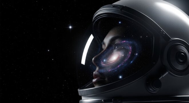 Human Astronaut Woman Wearing Space Helmet with Galaxy Reflection in Space