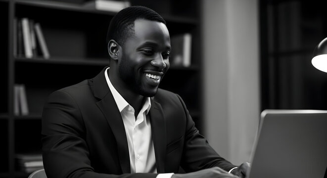 Smiling African American businessman working late at night on his laptop in a modern office library setting achieving success and career goals