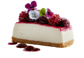 Beautifully decorated cheesecake with mixed berries and flowers on transparent background