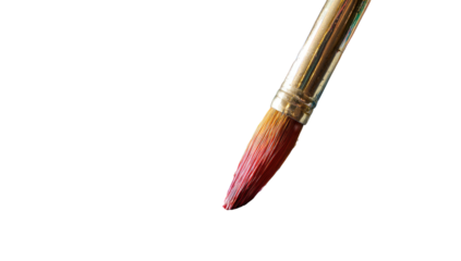 Close-up of a paintbrush tip, angled, with a reddish-brown paint