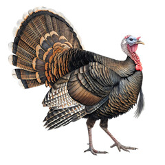 Majestic male turkey strutting with fanned tail feathers displaying vibrant colors and detailed plumage transparent background