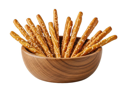 Wooden bowl filled with sesame seed pretzel sticks isolated on transparent background