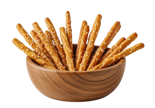 Wooden bowl filled with sesame seed pretzel sticks isolated on transparent background