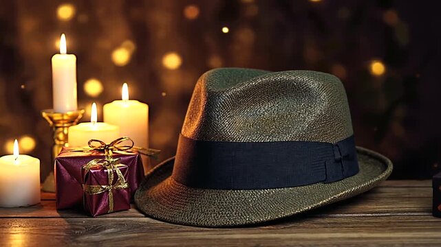 A stylish fedora hat resting on a wooden table surrounded by glowing candles and festive gifts