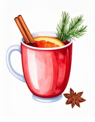 Festive Watercolor Illustration of Mulled Wine with Orange and Cinnamon in Red Cup
