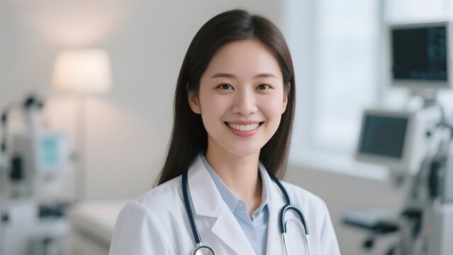 A medical professional in a clinical setting, wearing a white coat and stethoscope, smiling at the camera. - Powered by Adobe