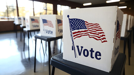 Row of empty voting privacy booths in polling station, USA Election Day concept with copy space, panoramic wide banner for democracy, civic duty, voting rights and political participation themes.