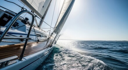 Sailing yacht cuts through ocean waves