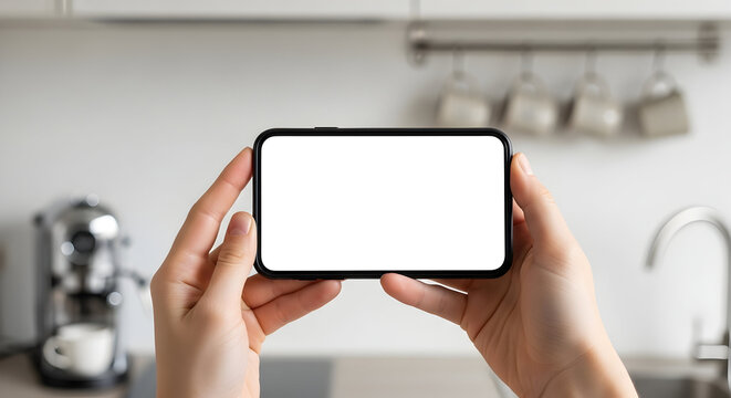 Blank screen smartphone mockup in hands modern kitchen background app design website template mobile phone display technology