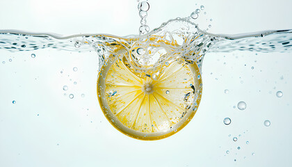 Slow motion of a crystal-clear glass lemon dropping into water, creating ripples and bubbles in a white background 2