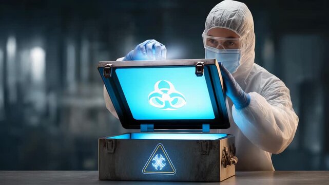 A person in a white lab coat is wearing a mask and gloves. Faceless scientist sealing metallic lockbox with glowing blue biohazard warning,biosecurity, sterile lab