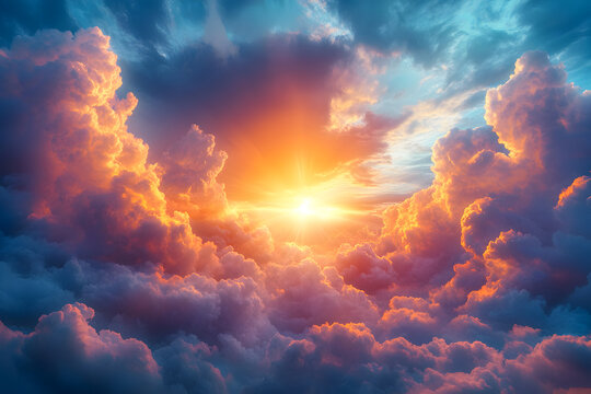 Divine artistic impression of world creation, symbolic scene with heaven and earth forming under radiant light, panoramic wide banner perfect for theology, faith, spirituality and cosmic illustration 